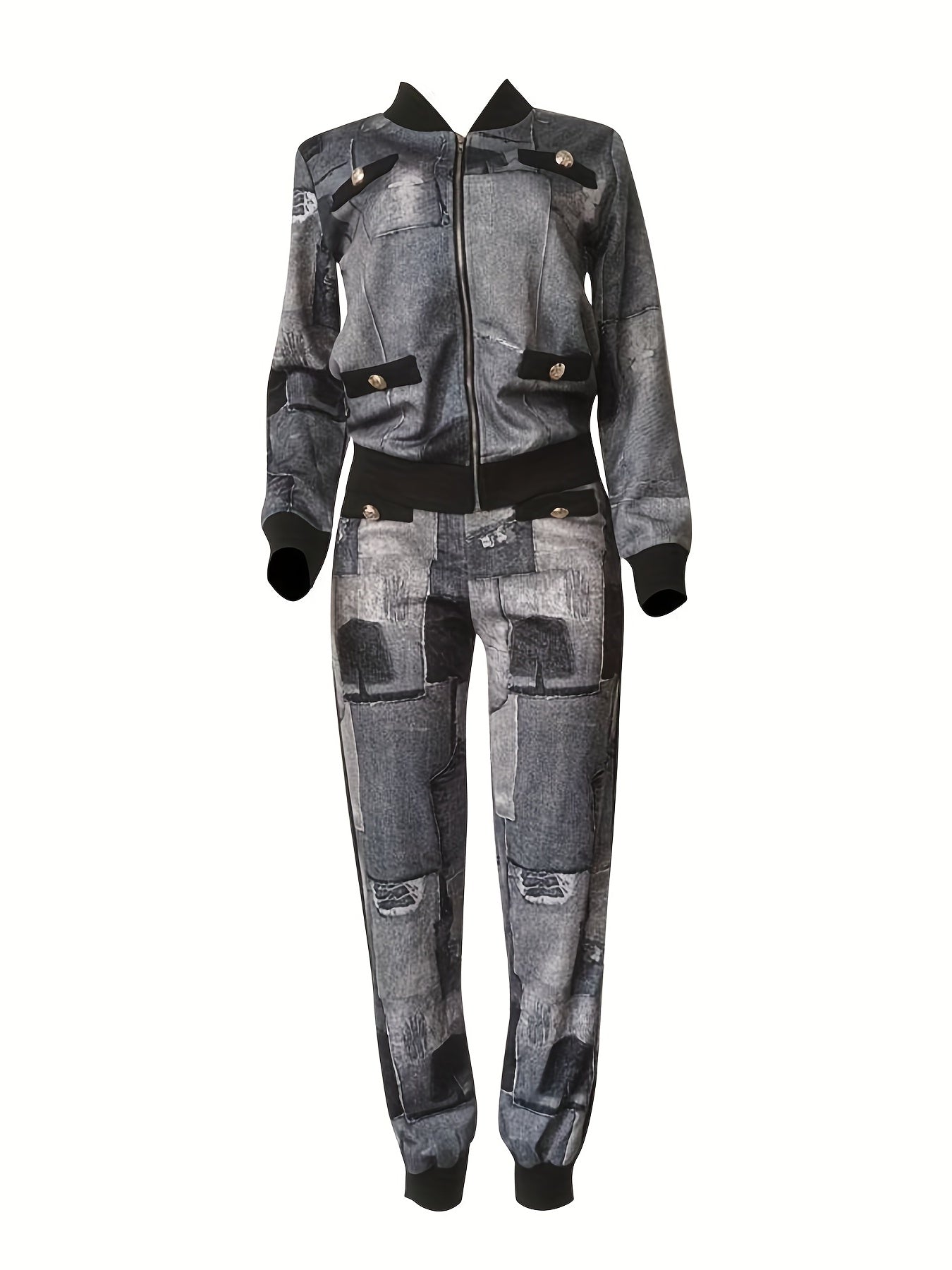 Denim Patchwork Print Jacket & Joggers Set Women's Plus 2pcs Outfits
