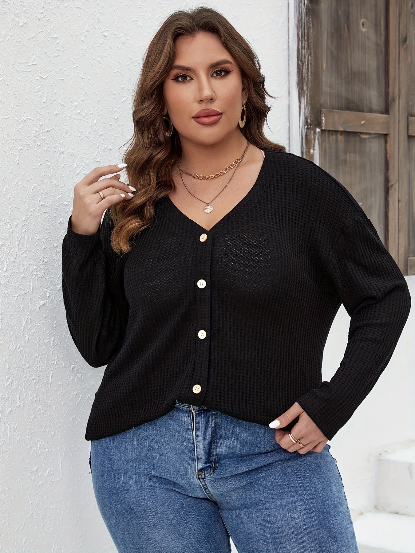 Long Sleeve Button Front Waffle Knit Tee