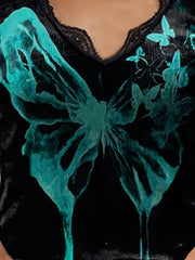 Goth Cami Top Women's Plus Butterfly Print Lace Trim V Neck Cami Top