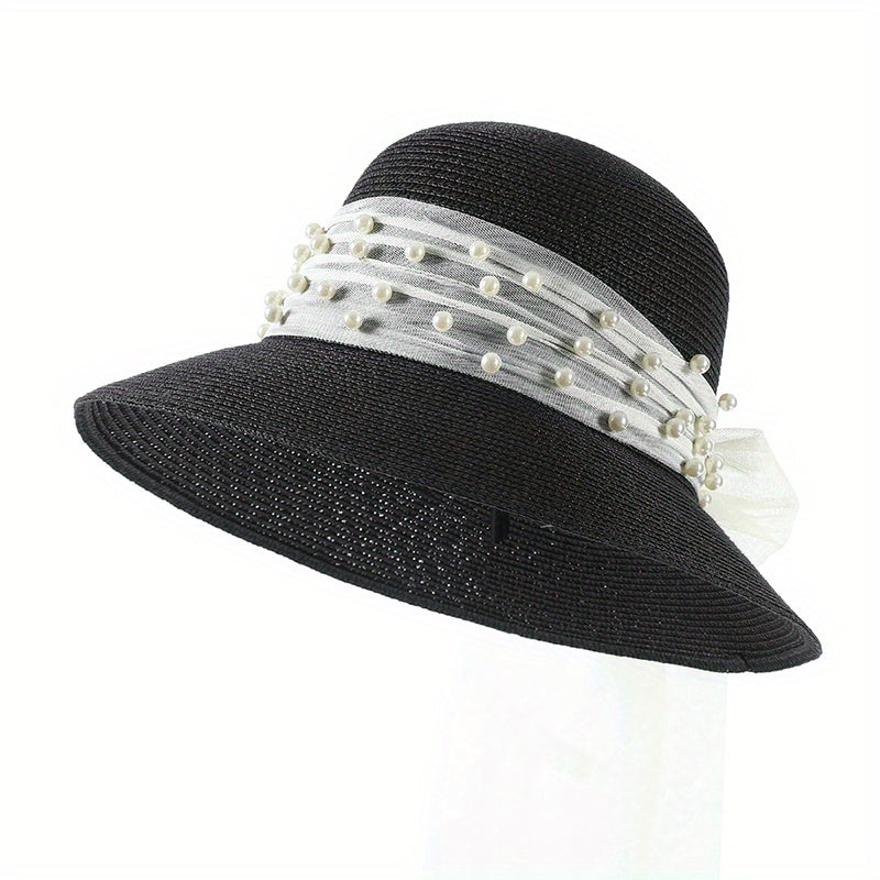 Summer Wide Brim Bucket Hat Faux Pearl Strap Sunscreen Straw Hats Fisherman Cap