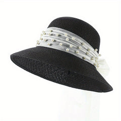Summer Wide Brim Bucket Hat Faux Pearl Strap Sunscreen Straw Hats Fisherman Cap