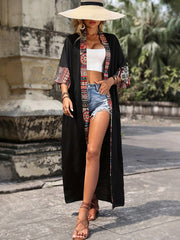 Geometric Pattern Contrast Band Beach Cover Up Half Sleeve Sun Protection