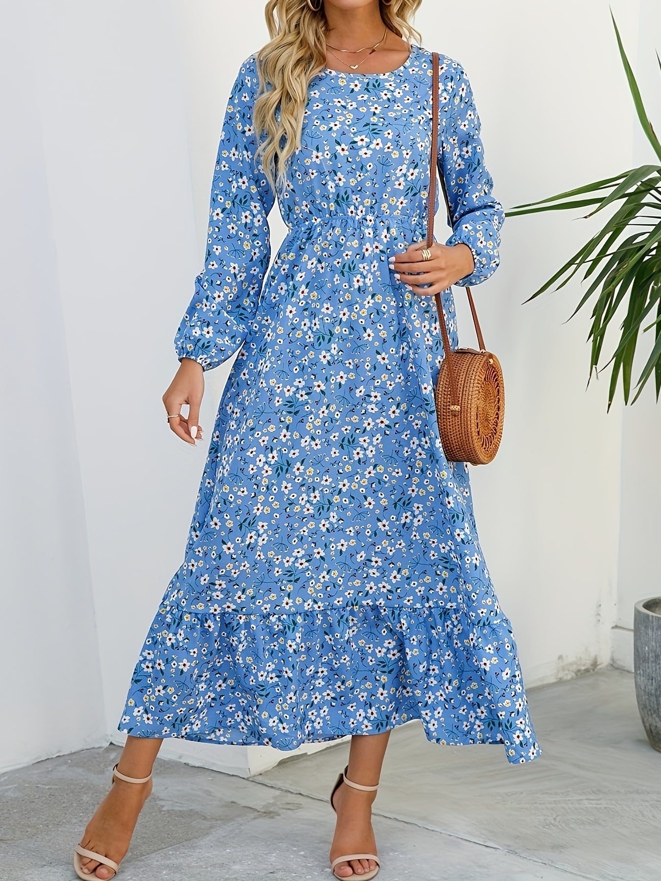 Floral Print Long Sleeve Dress for Spring & Fall