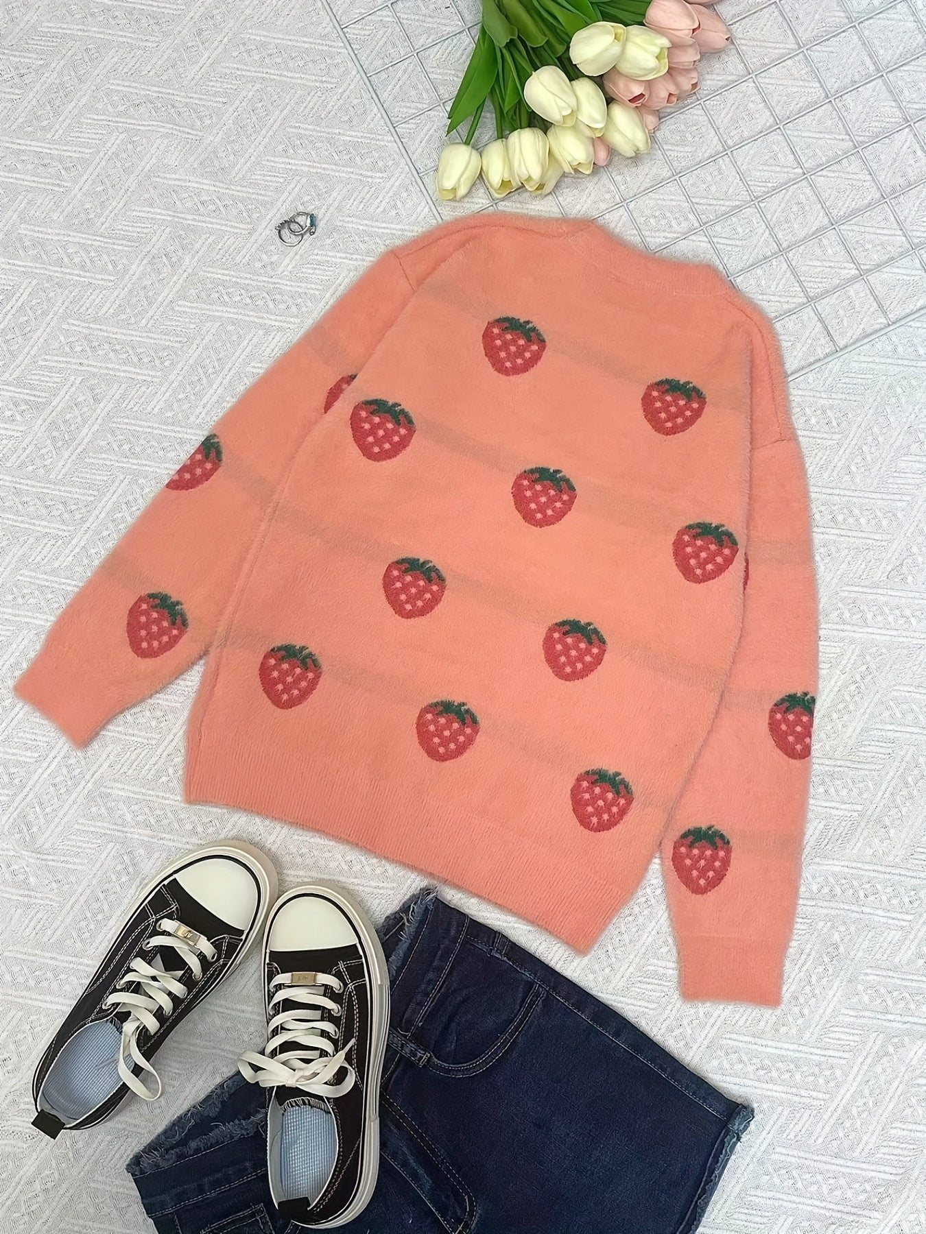Girls Strawberry Fruit Pattern Sweater Long Sleeve