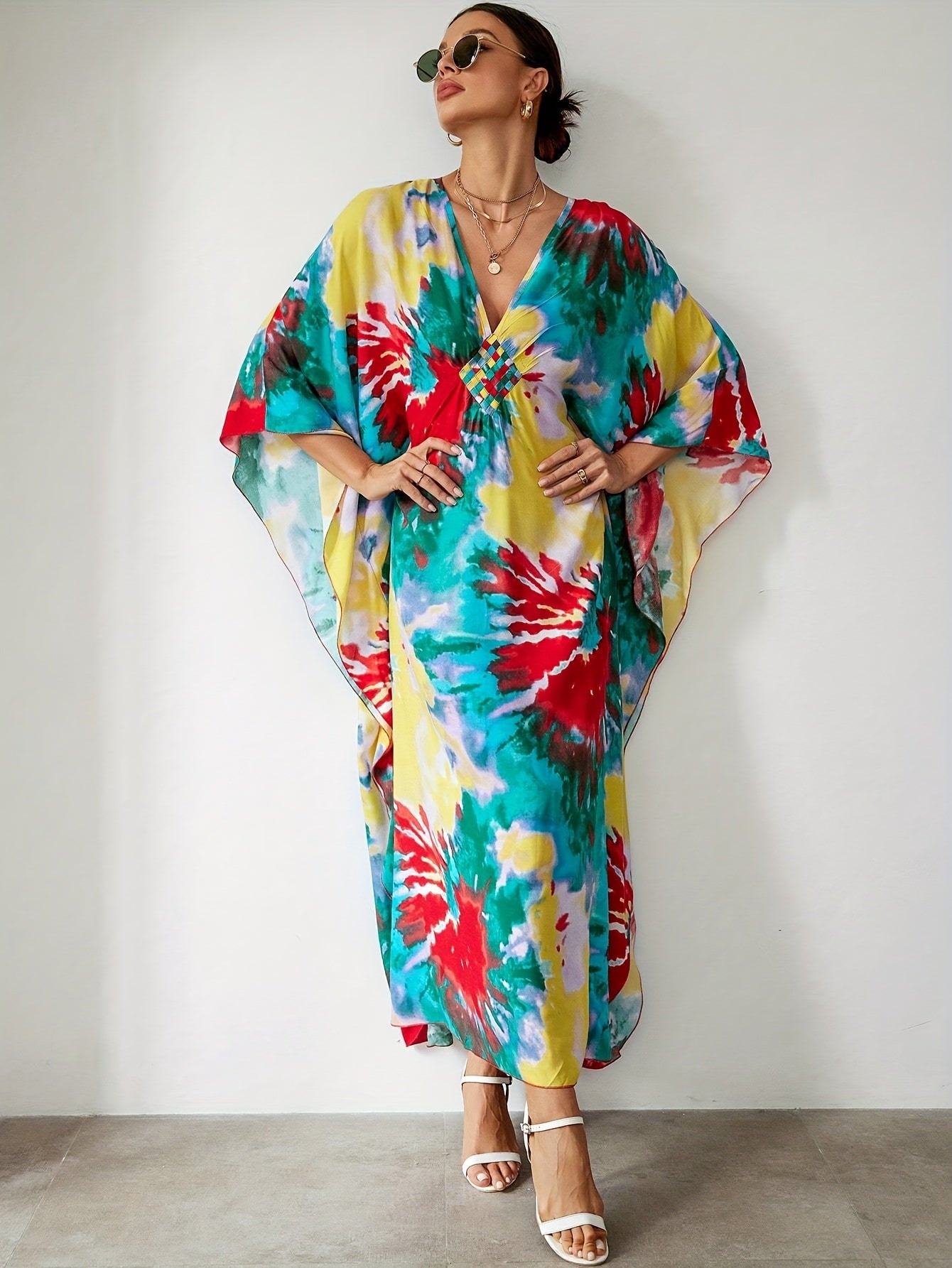 Boho Tie Dye Batwing Beach Cover Up