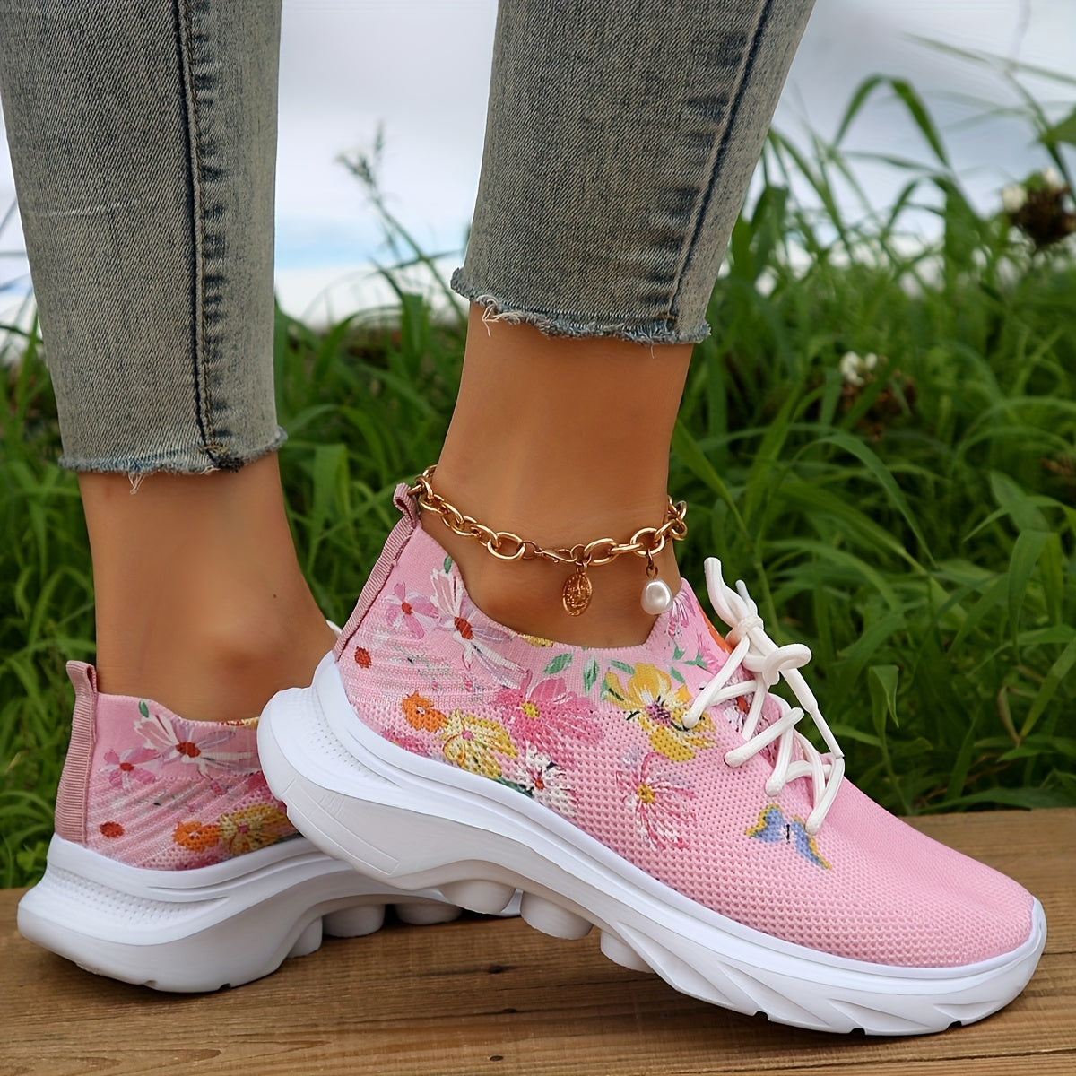 Women's Knitted Sneakers Floral & Butterfly Print Sports Shoes