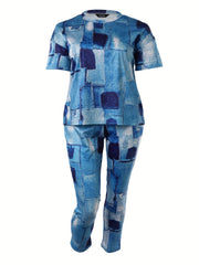 Retro Outfits Set Women's Plus Denim Print T-shirt & Pants Set