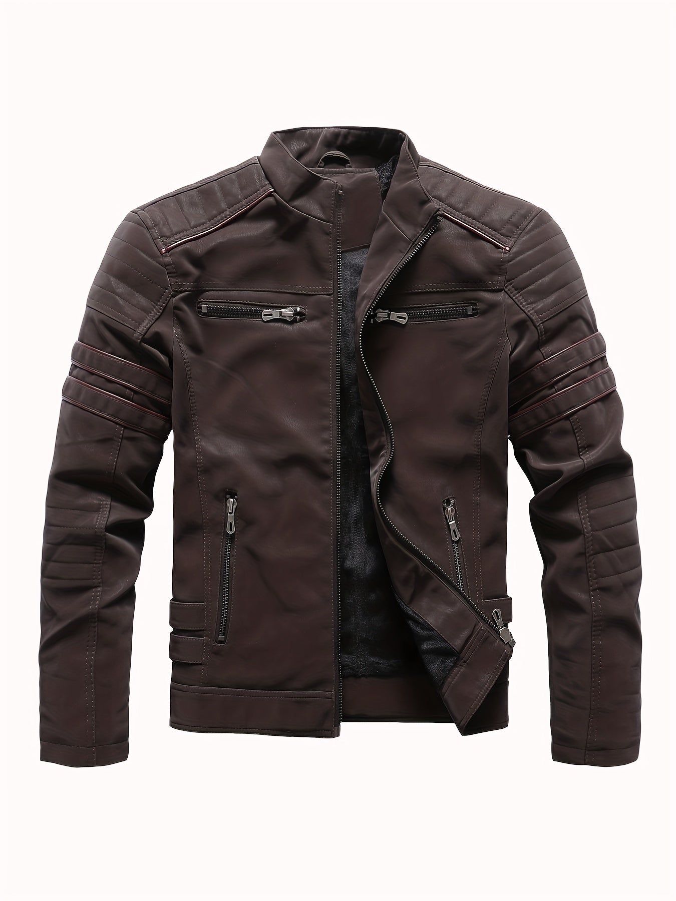 Men's Fleece Biker Jacket PU Leather Zip Up Stand Collar