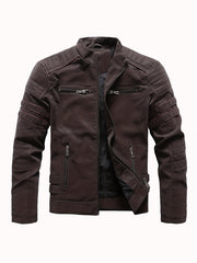 Men's Fleece Biker Jacket PU Leather Zip Up Stand Collar