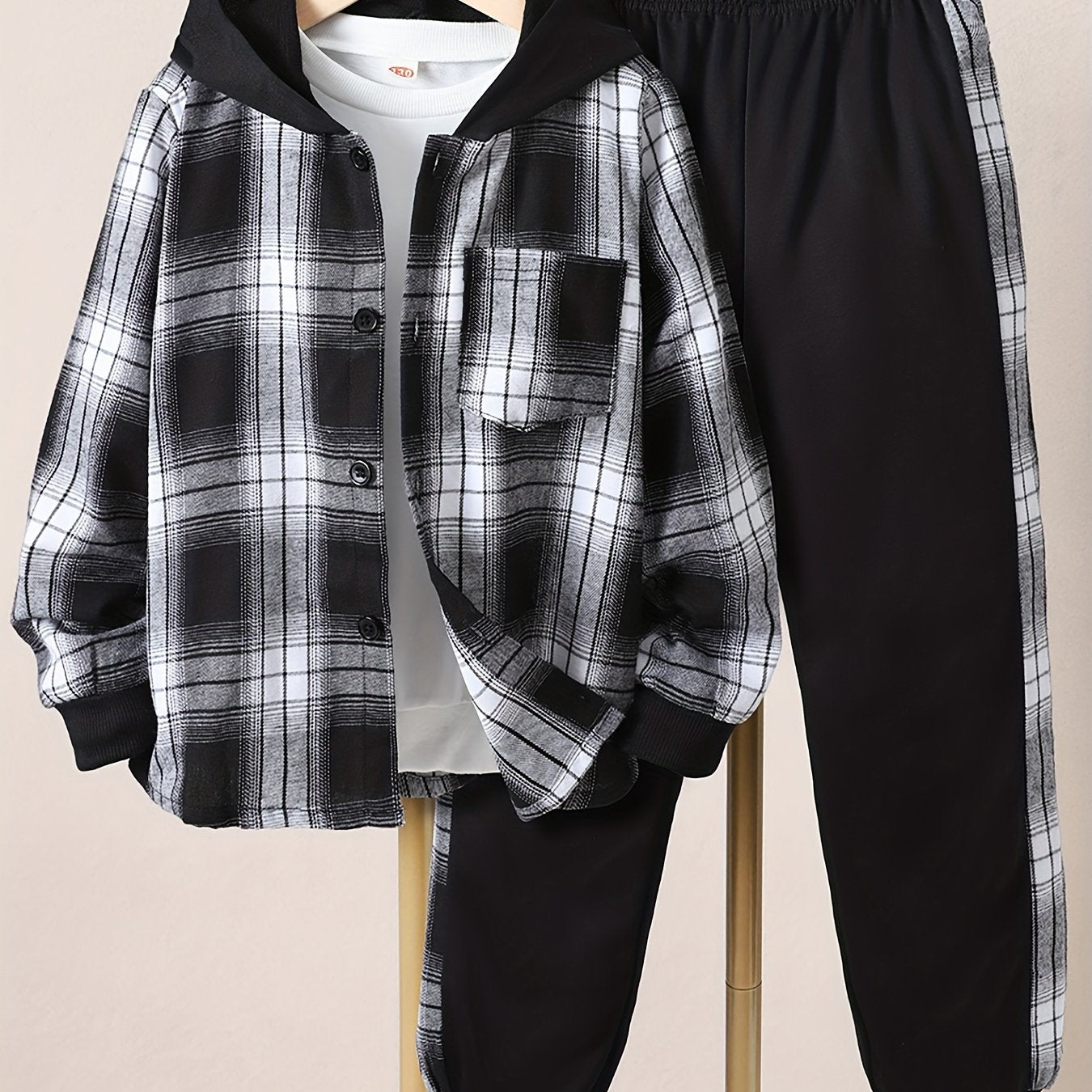 Boys 2pcs Hooded Shirt Top & Sweatpants Plaid Print Kids Clothes