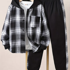 Boys 2pcs Hooded Shirt Top & Sweatpants Plaid Print Kids Clothes