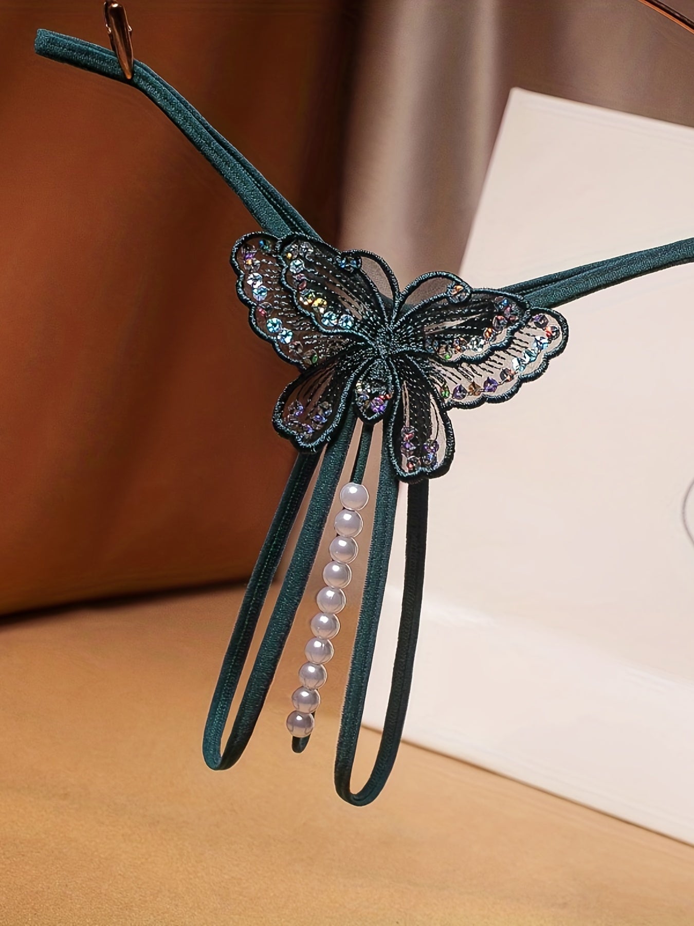 Butterfly Embroidery Thongs with Faux Pearl Panties