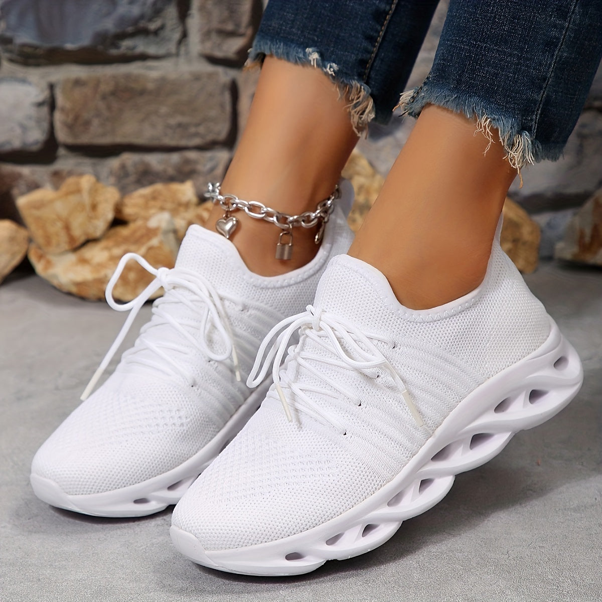 Women's Breathable Knit Sneakers Casual Lace Up Outdoor Shoes