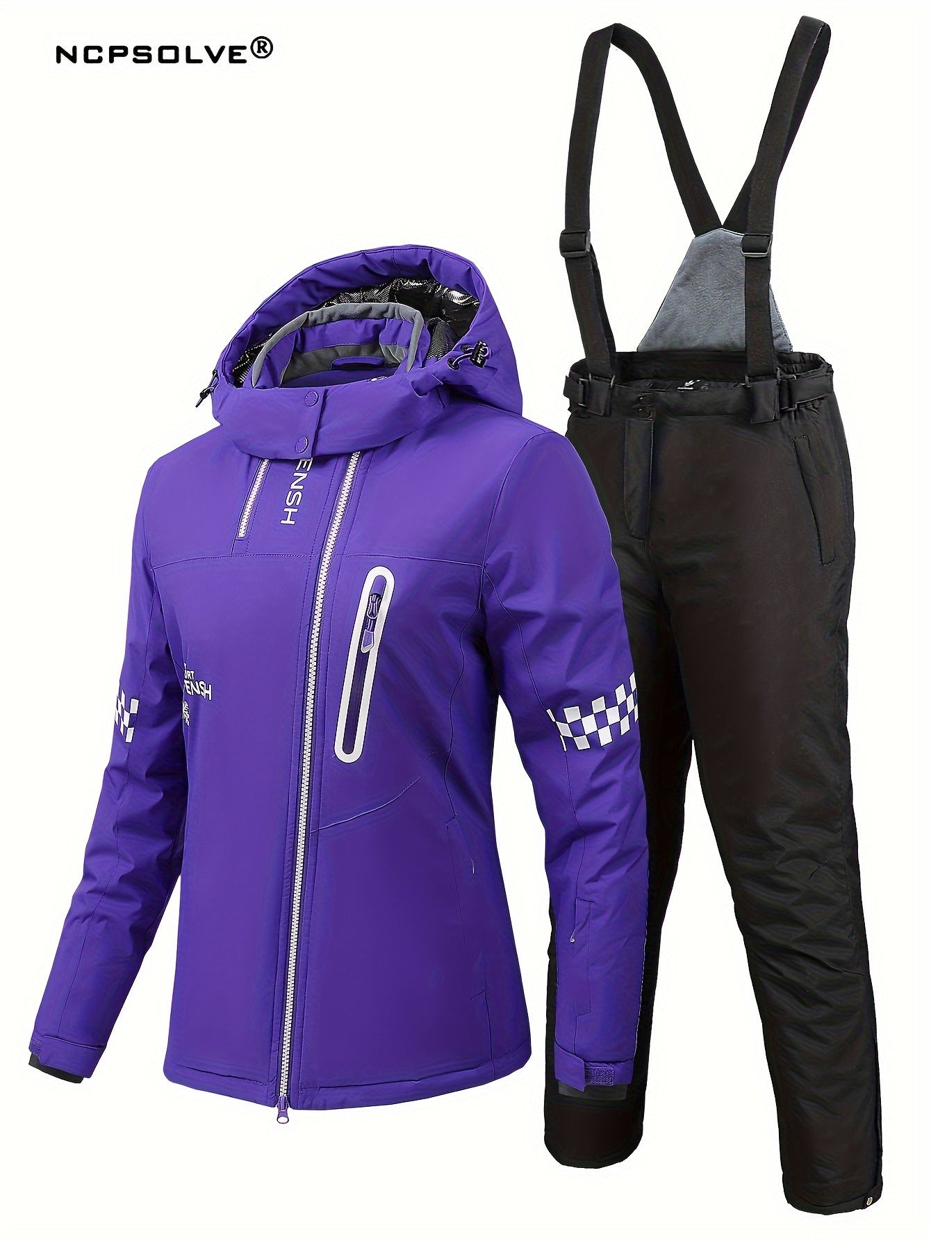 Windproof Checkerboard Ski Set Long Sleeves Jacket & Trouser Suit