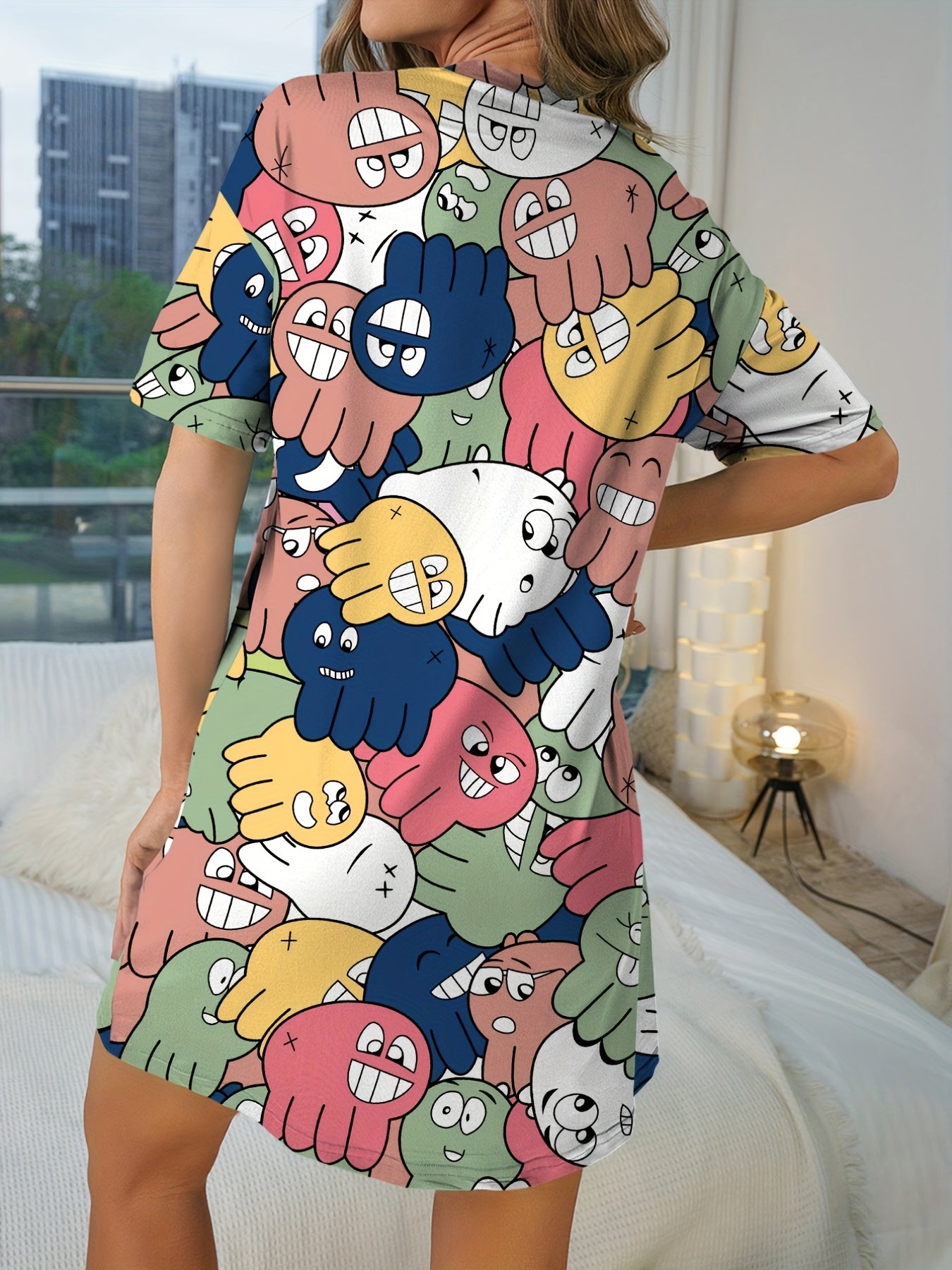 Octopus Print NightDress Short Sleeve Pajama Dress Women's Sleepwear
