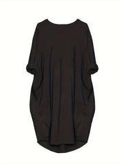 Solid Long Sleeve Round Neck Dress With Pockets