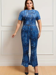 Denim Print Top & Flared Leg Pants 2 Piece Set