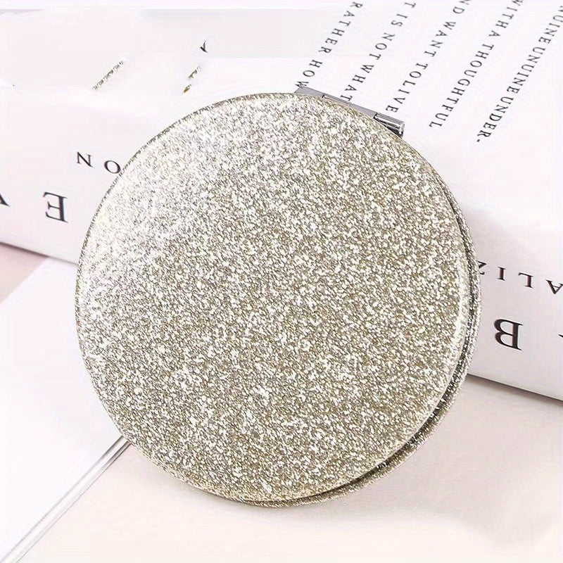 Glitter Leather Compact Mirror Double Side Folding Travel Vanity Mirror