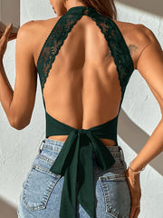Lace Tie Back Bodysuit Halter Neck Sleeveless