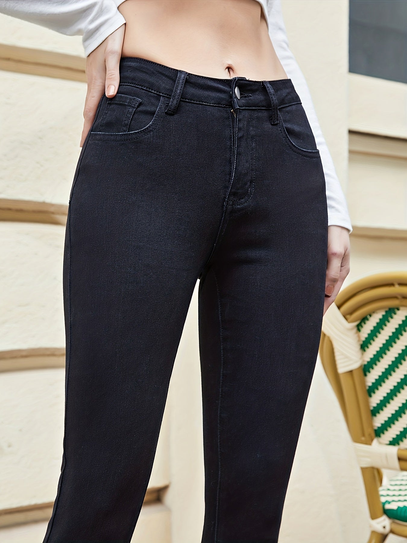 High Rise Skinny Jeans Solid High Stretch Zipper Button Closure Denim Pants
