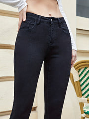 High Rise Skinny Jeans Solid High Stretch Zipper Button Closure Denim Pants