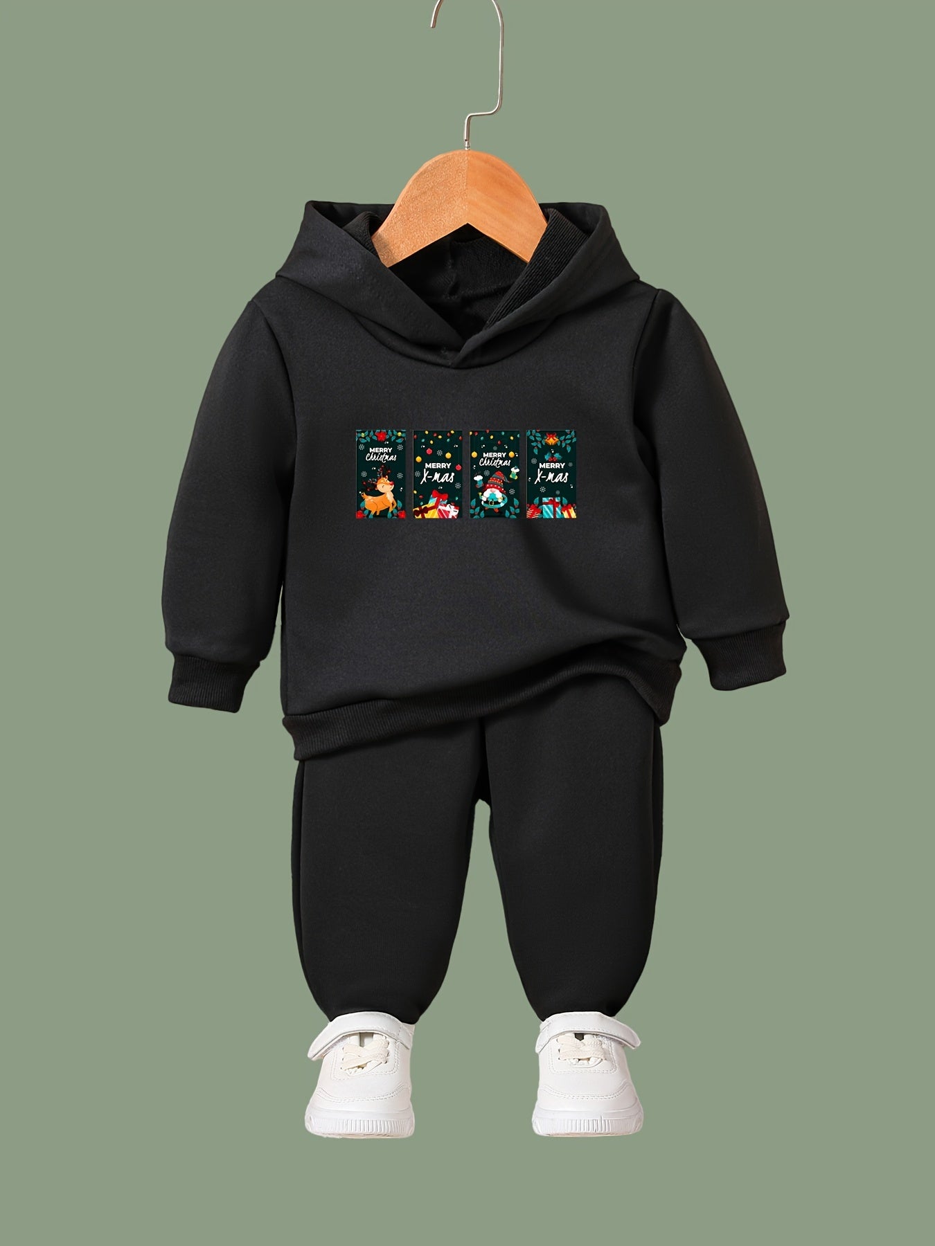 Girls Christmas Scene Print Hooded Sweatshirt Top Sweatpants Set