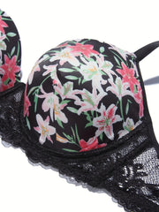 Floral Print Lace Molded Cup Underwire Padded Bra