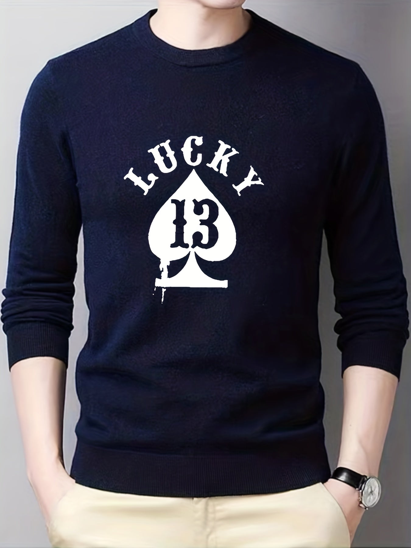 Lucky Spades 13 Men's Knit Sweater Warm Crew Neck Pullover