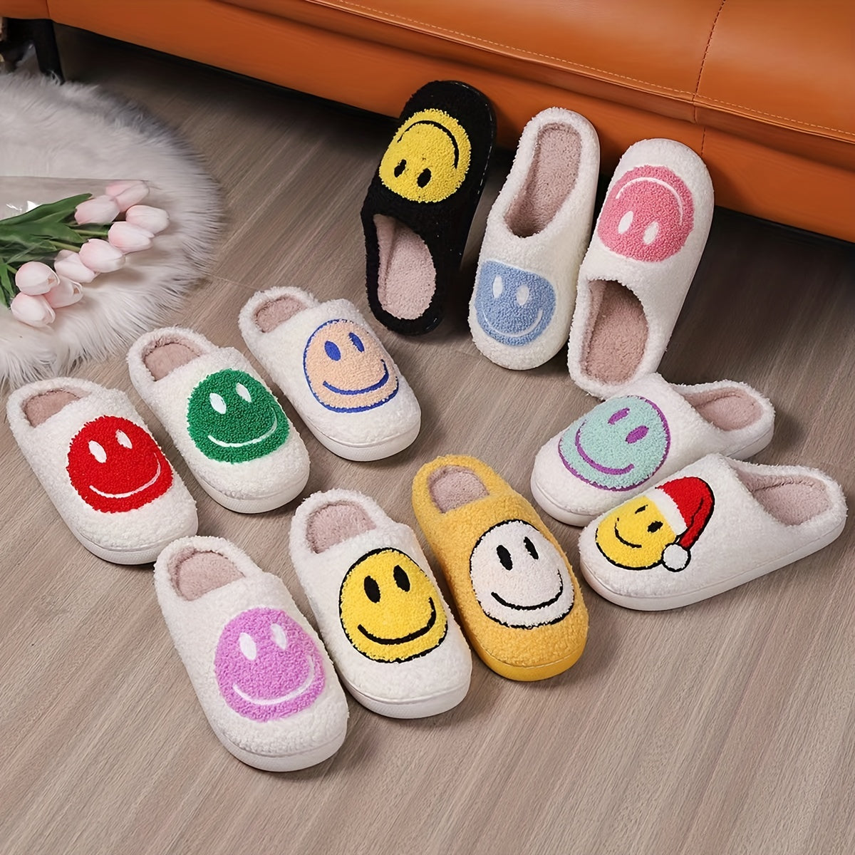 Women's Smile Face Pattern Slippers Plush Lined Slip On Shoes