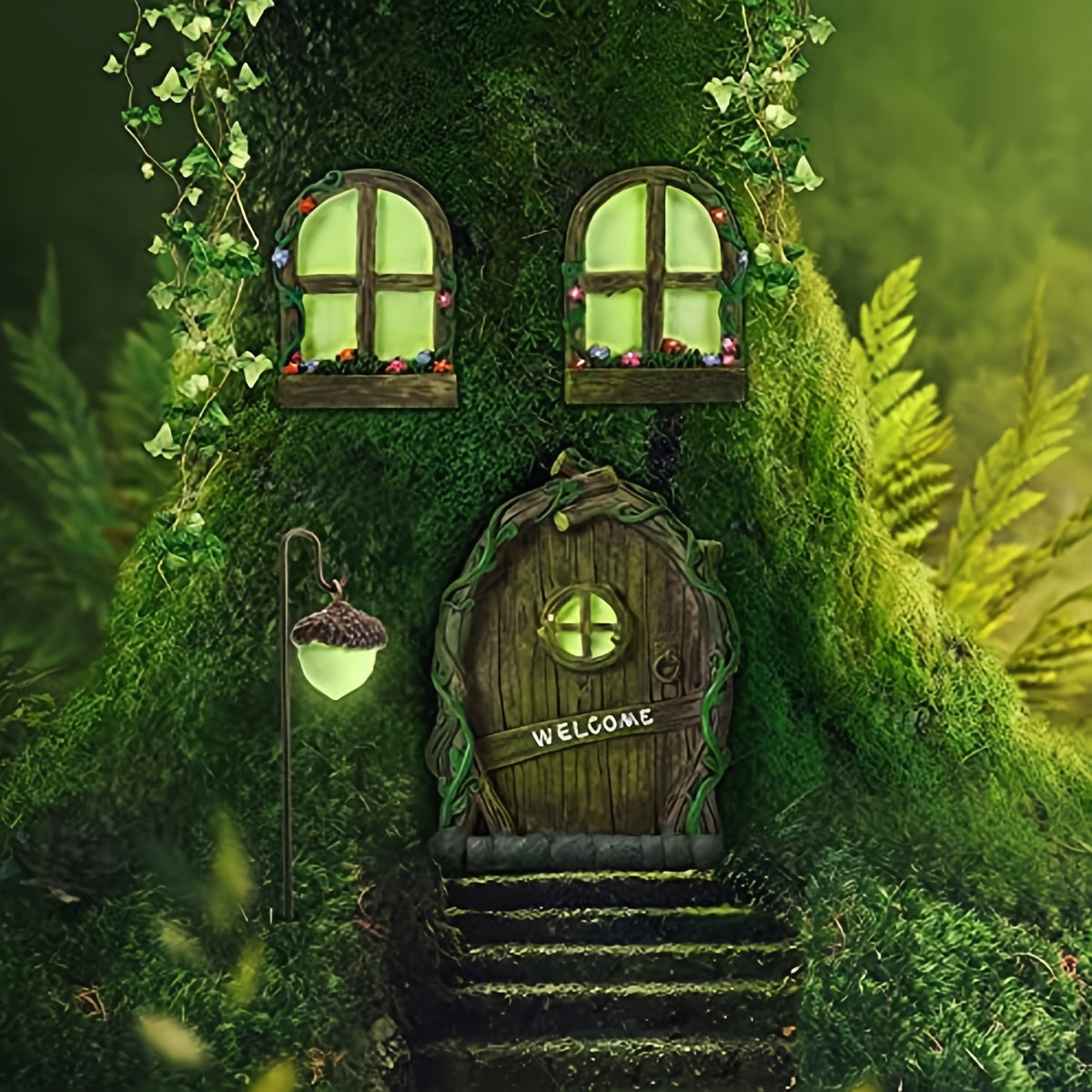 4pcs Fairy Welcome Door and Window Lamps Set Resin Fairy and Gnome House