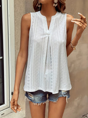 Eyelet V Neck Pleated Tank Top Women's Clothing