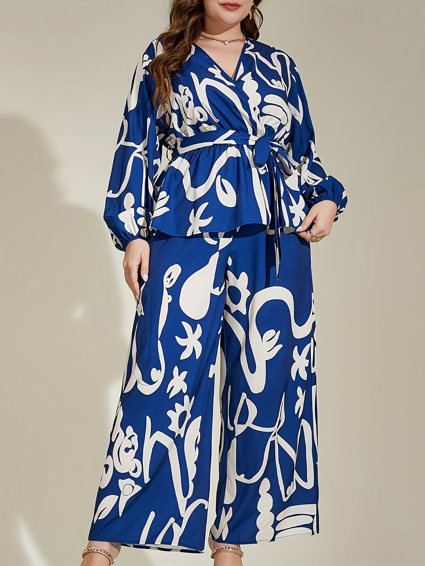 Graffiti Print Peplum Top & Wide Leg Pants Set