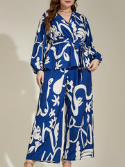 Graffiti Print Peplum Top & Wide Leg Pants Set