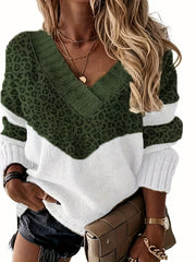 Colorblock Leopard Print V Neck Sweater