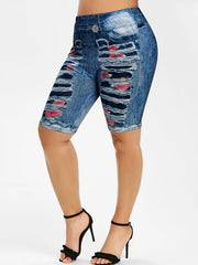 Rose & Denim Print Leggings Casual Sporty Skinny Stretchy Leggings
