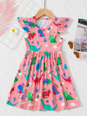 Girls' Fun Dino Cartoon Dress Short Sleeve Comfy Casual Party Vacation Kids Gift