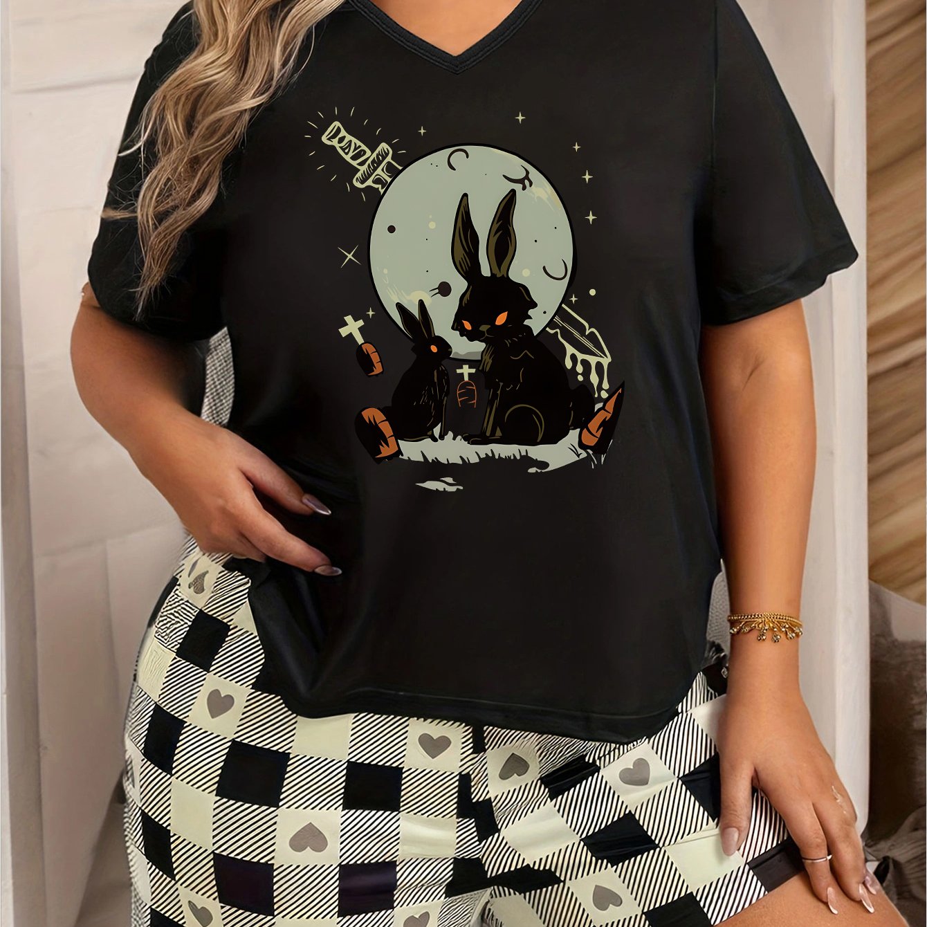 Halloween Rabbit & Moon Print Pajama Top