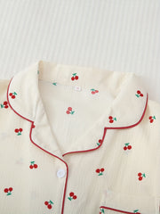 Cherry Print Pajama Set Short Sleeve Button Up Top & Pants Women's Sleepwear