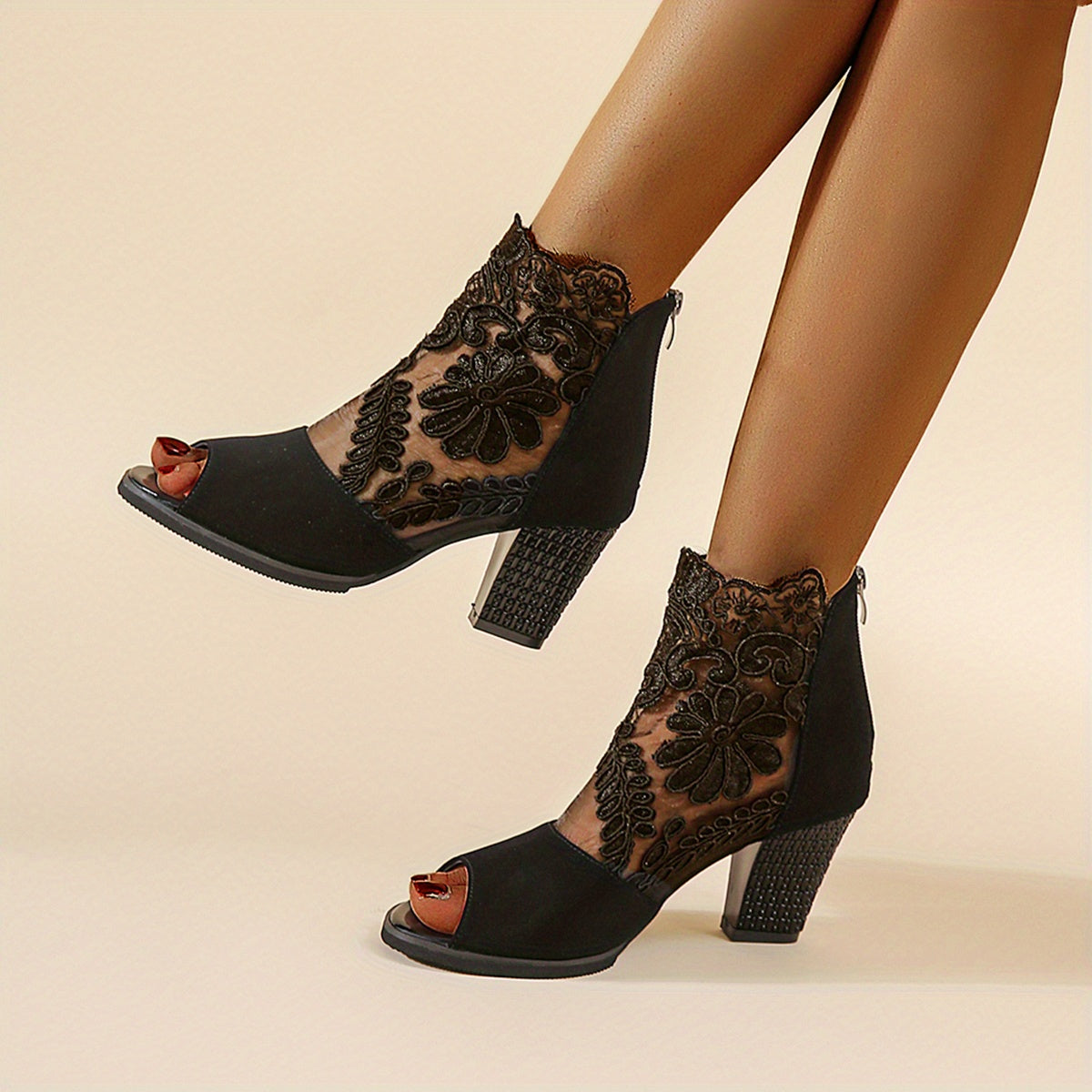 Floral Lace Block Heel Sandals Peep Toe High Heels
