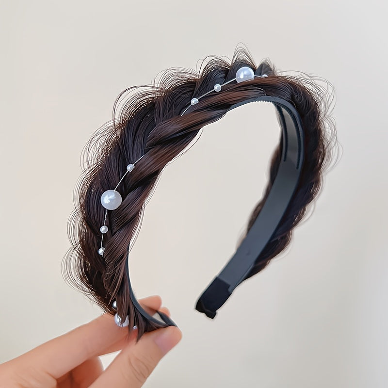 Faux Pearl Fishbone Braid Wig Headband Hairband for Girls