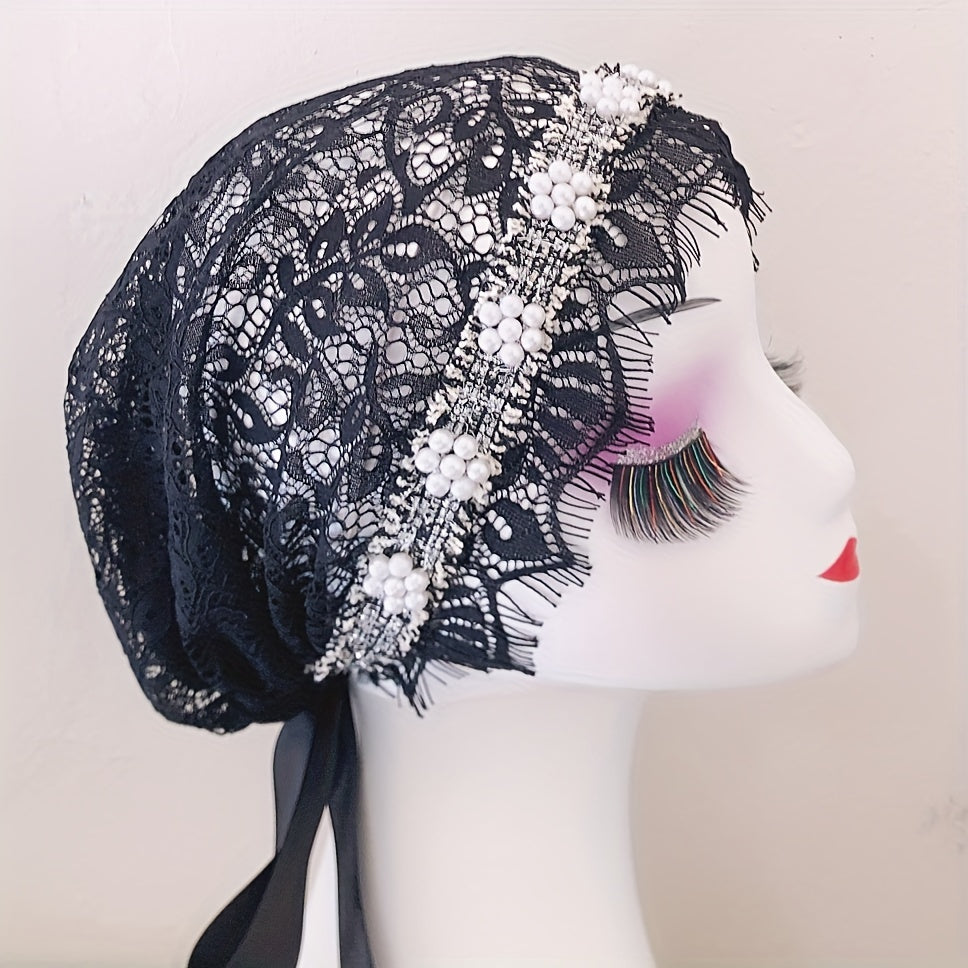 Women's Faux Pearl Lace Turban Cap Beanie