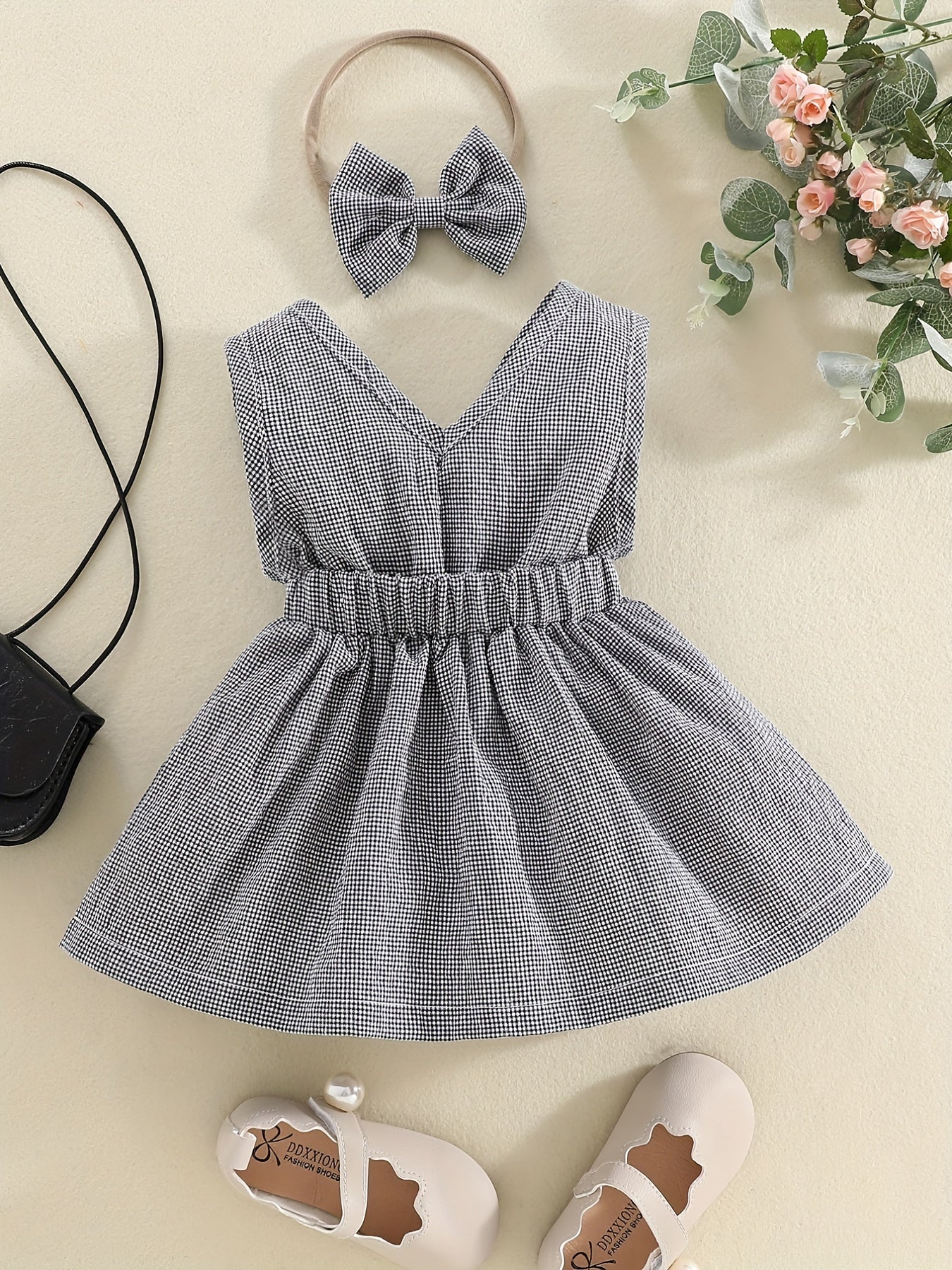 Girls Plaid Tunic Dress - Stylish V Neck Puffy Design