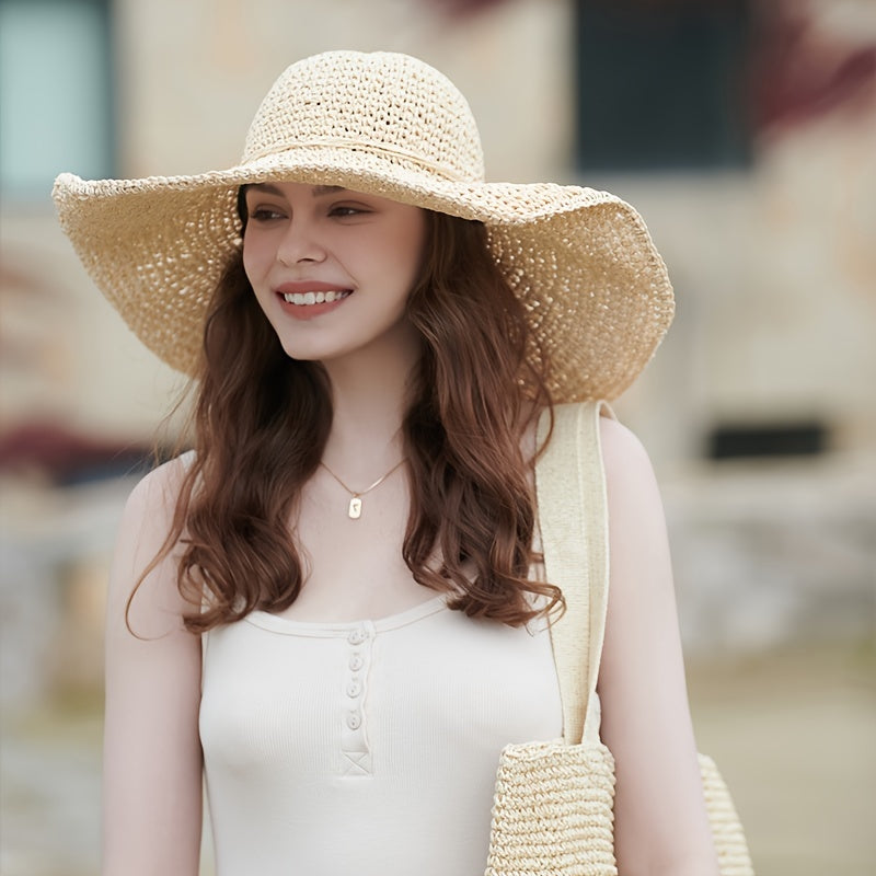 Khaki Wide Brim Sun Hat Oversized Crochet Straw Beach Travel Cap