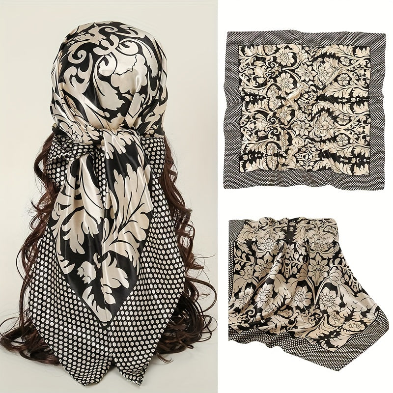 Boho Flower Print Square Scarf Silk Bandana Vintage Satin Shawl