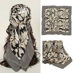 Boho Flower Print Square Scarf Silk Bandana Vintage Satin Shawl
