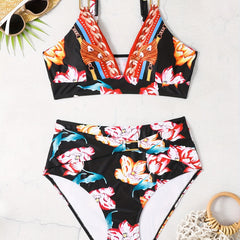 Floral & Chain Print Bikini Set High Stretch Two Piece