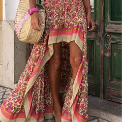 Boho Asymmetric Skirt Smocked Waist Bohemian Vacation Beach Casual Skirt
