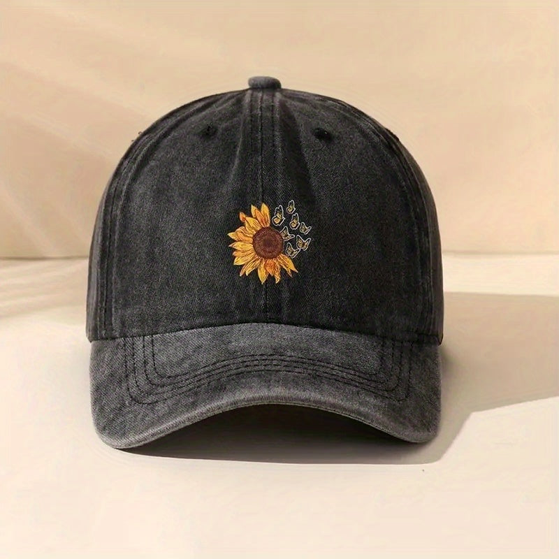 Sunflower Print Washed Baseball Cap Vintage Distressed Dad Hats