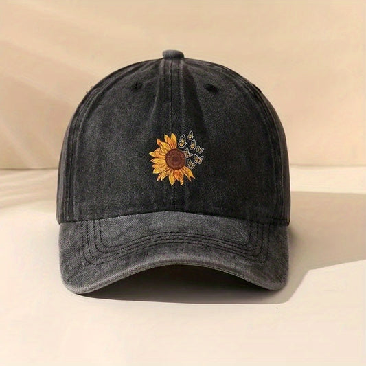 Sunflower Print Washed Baseball Cap Vintage Distressed Dad Hats