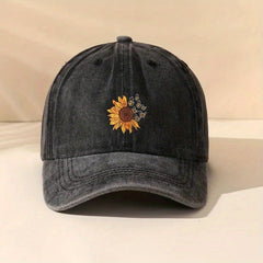 Sunflower Print Washed Baseball Cap Vintage Distressed Dad Hats